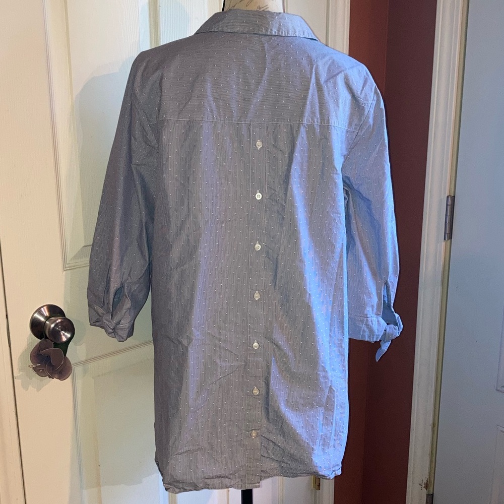 Roz & Ali Swiss Dot Casual Button Down Collared 3/4 Sleeve Top Blue White Large - Picture 4 of 8